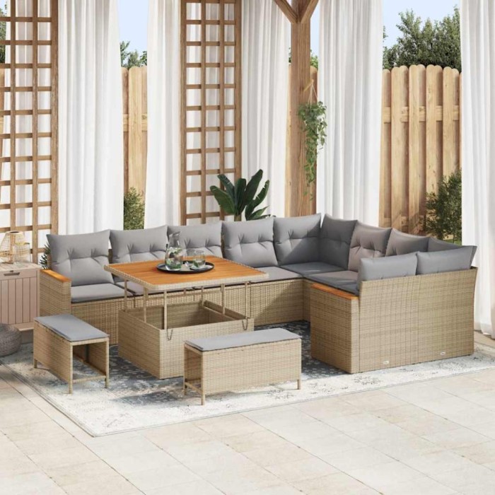 vidaXL Set de canapele pentru grădină cu pernă 12 pcs Bej Rattan poli 3363077