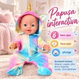 Papusa interactiva, 45 cm, ochi mobili, face pipi, plans cu lacrimi, accesorii incluse, hainute multicolore
