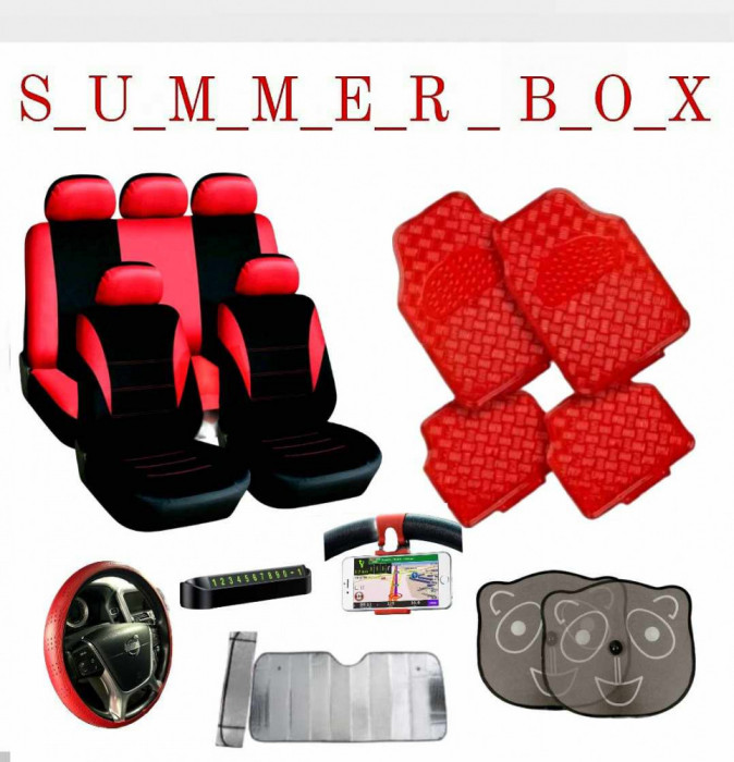 Summer Box-ROSU-Huse scaune+Covorase+Husa volan+Suport telefon+Parasolare