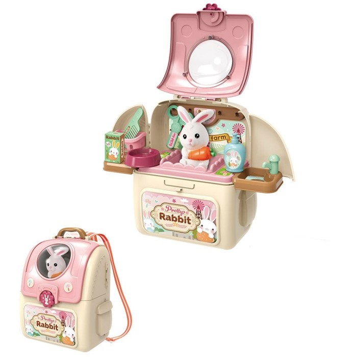 Set ghiozdan jucarie 2 in 1 Rovo 968, Iepuras, Accesorii incluse