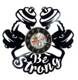 Ceas de perete decorativ realizat din disc de vinil, Model Fitness, Maini cu Gantere si Text Be Strong, Negru Premium, 30 cm