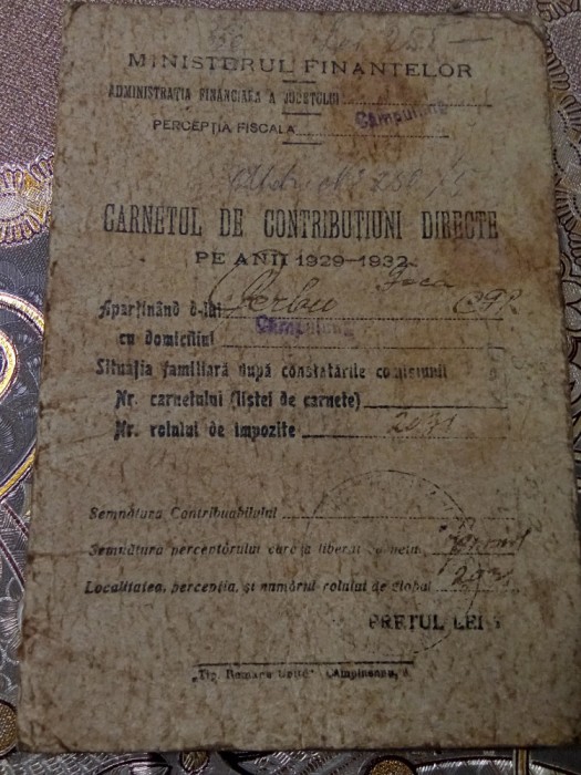 Carte de Contributiuni directe 1929