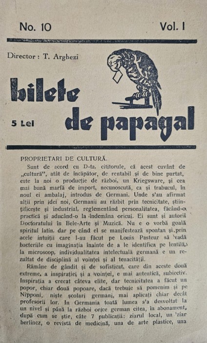 T. Arghezi, Bilete de papagal Nr. 10, Vol. 1