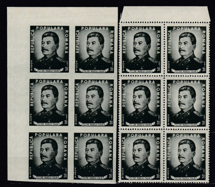 ROMANIA 1949 LP 259 LP 259 a I.V.STALIN DANTELAT+NEDANTELAT BLOCURI 6 TIMBRE MNH