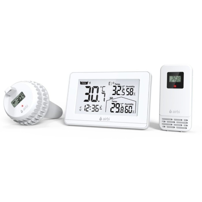 Termometru si higrometru digital de camera, cu senzori wireless pentru exterior si pentru apa din piscina, lumina de fundal, Airbi POOL BI1021 Childre