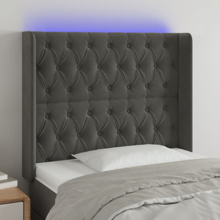vidaXL Tăblie de pat cu LED, gri &icirc;nchis, 93x16x118/128 cm, catifea