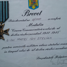 Crucea comemorativa al doilea razb.mond.+brevet Em.Constantinescu