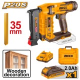 Pistol Cuie Industrial pentru Lemn 20V INGCO CBNLI3606, tip pin 10-35 mm, rata tragere 3 cuie/sec, magazie 140 buc, acumulator 2.0Ah si incarcator inc