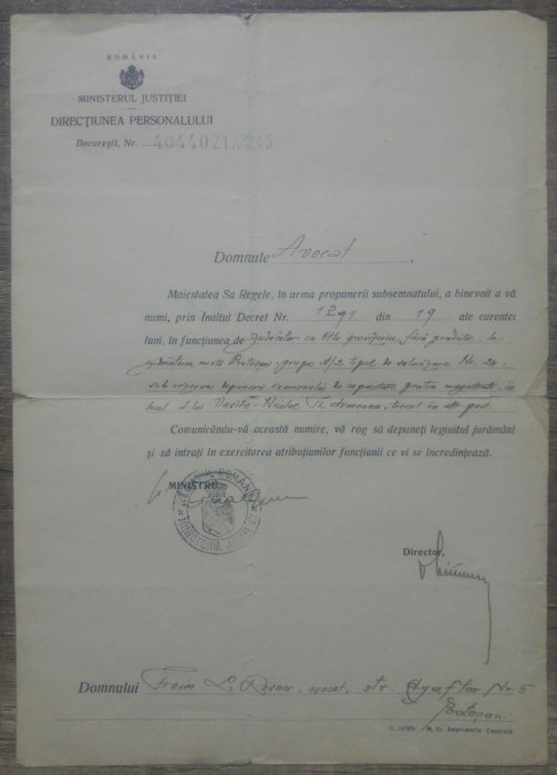 Document numire in functia de judecator// Botosani 1945