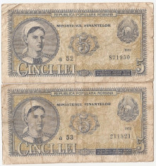 ROMANIA 2 X 5 LEI 1952 SERIE CONSECUTIVA a52, a53 UZATE foto