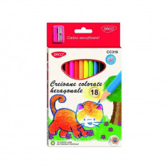 Set 18 Creioane Color DACO, 18 Culori, Corp Hexagonal din Lemn, cu Ascutitoare, Creioane Colorate, Creioane DACO, Set Creioane Colorate, Creion Colora