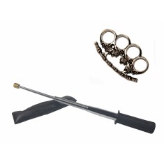 Set baston telescopic flexibil argintiu, maner cauciuc, 47 cm + pumnal craniu