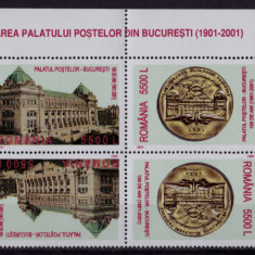 RO 2001 ,LP 1575 ,"100 ani P.Postelor " ,blocx4 cu tete-beche, jos comun , MNH