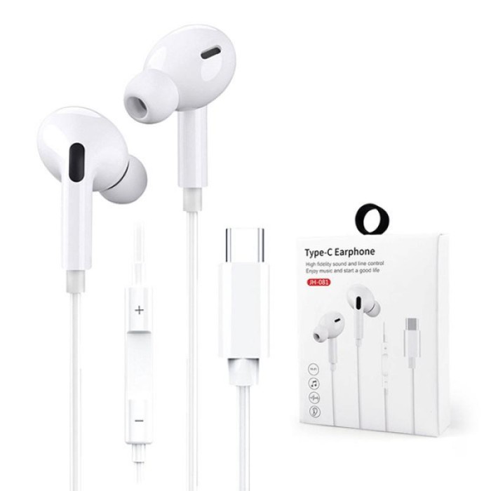 Casti audio In-Ear cu microfon, Comenzi pe fir pentru apeluri/volum, Plug &amp;amp; Play, Hi-Fi Sunet, Rezistente la apa, Mufa USB-C, 1.2 m, Albe, Blister