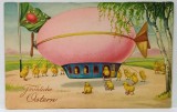 FROHLICHE OSTERN , FELICITARE DE PASTE , CU OU VOPSIT TRANSFORMAT IN ZEPPELIN SI PUI DE GAINA , CARTE POSTALA ILUSTRATA , PERIOADA INTERBELICA