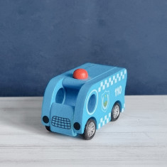 Masina de politie albastra autopropulsata jucarie lemn 7.3X3.5X5, 3 ani + foto
