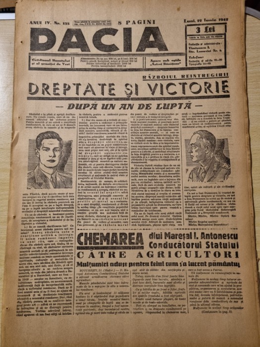 dacia 22 iunie 1942-1 an de la inceputul razboiului de reintregire,m. antonescu