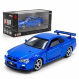 Cumpara ieftin Macheta Nissan Skyline GT-R R34 V-Spec Albastru, Lumini, Sunet si Pull-Back, Scara 1:32, Tayumo