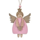 Ornament Ingeras Lemn Roz Glitter Bej Sampanie 11cm - Decoratiuni Craciun