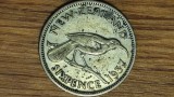 Noua Zeelanda - moneda de colectie exotica - 6 pence 1937 argint - George VI - frumoasa, pasarea Huia !