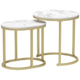 HOMCOM Set 2 Măsuțe de Cafea cu Blat cu Efect de Marmură din MDF și Oțel, &Oslash;50x50.5 cm și 60x36x43.5 cm, Alb și Auriu | Aosom Romania