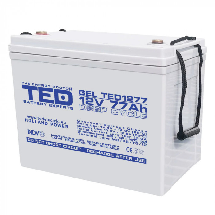Acumulator 12V, TED Electric, GEL Deep Cycle, Dimensiuni 259 x 168 x 211 mm, Baterie 12V 77Ah M6