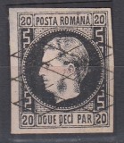 ROMANIA 1866/67 LP 20 c CAROL FAVORITI 20 PARALE HARTIE SUBTIRE STAMPILA GRATAR, Stampilat