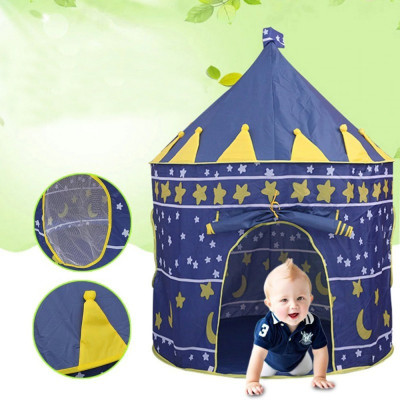Cort tip castel pentru copii, imprimeu stele si luna, 135x105 cm, albastru foto