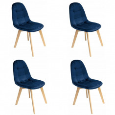 Set 4 scaune bucatarie/living, catifea si PU, albastru marin, 43x54x81 cm, Colin