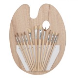 Set Pensule Pictură, Varf Rotund și Plat, 13 Piese, Bej, Lemn, Paletă Ovală 24x30cm, Oem