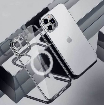 Husa Luxury MagSafe compatibila cu iPhone 15 Plus, Full protection, Margini colorate, Argintiu foto