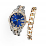Set ceas si bratara luxury MBrands quartz, bratara inox, cristale zirconiu, afisare data - Albastru