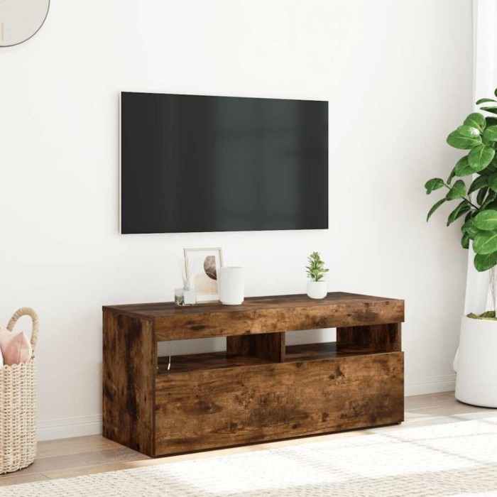 Comodă TV cu lumini LED, stejar fumuriu, 90x35x40 cm