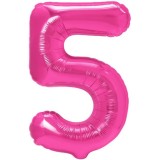 Balon din folie metalizata flippy, figurina cifra, tema aniversare 40 cm, ambalaj individual, pai inclus, umflare cu aer sau heliu, roz, cifra 5