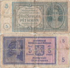 1940, 5 korun (P-4a) - Protectoratul Boemiei ?i Moraviei! foto
