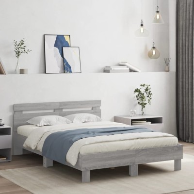vidaXL Cadru de pat cu tăblie și LED, gri sonoma, 135x190 cm 3207572 foto