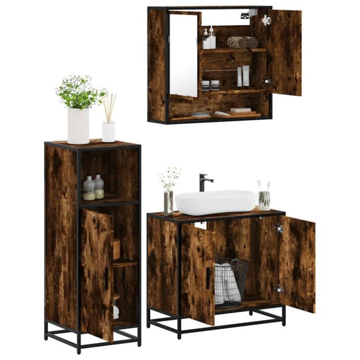 vidaXL Set mobilier de baie, 3 piese, stejar fumuriu, lemn prelucrat 3300977