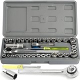 Cumpara ieftin Trusa chei tubulare, cu 40 de piese, din metal dur, maner cheie tubulara cu clicket reversibil, cu cutie de pastrare si transport, gri