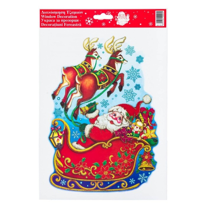 Autocolant Decorativ Fereastră, Model Moș Crăciun &Icirc;n Sanie, Glitter, Multicolor, Dimensiuni 20x30cm