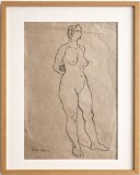 Lucrare Rodica Marinescu (1937 - 2023) , nud feminin, tuș pe hartie veche, 35 x 21,5 cm, se vinde fara rama, arta romaneasca, artist roman