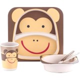 Set masa copii din fibre de bambus, 5 piese, Eco-friendly, Material biodegradabil, Design vesel, Farfurie compartimentata, Bol, Cana si Tacamuri