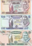 Bancnota Zambia 5, 10 si 20 Kwacha (1988-98) - P85-87 UNC ( set x3 )