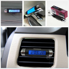 Termometru si Ceas Electronic pentru Masina cu Afisaj LCD albastru foto