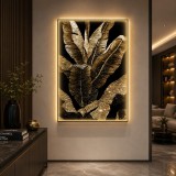 Tablou Decorativ cu Iluminare LED Frunze de Bananier,80 x 160 cm,24W,Lumina Neutra,Aliaj de Aluminiu si MDF