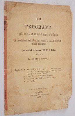 Programa pe anul 1901 / 1902 Sibiu publicata de Vasile Bologa foto