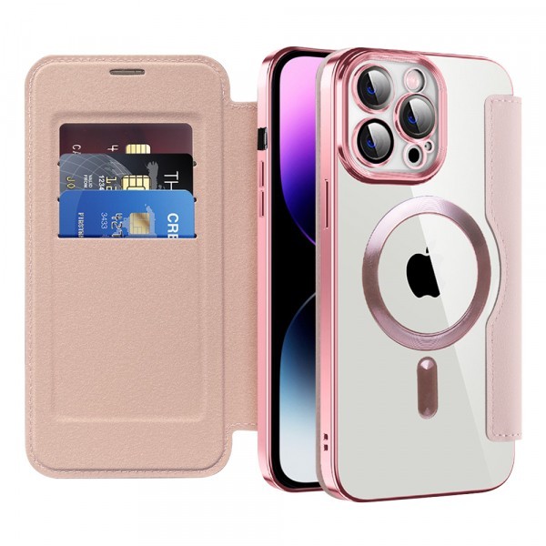Husa MagSafe pentru Apple iPhone 14 Pro Max, Techsuit, SmartMag Book, Roz