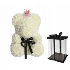 Ursulet floral BIG 40 cm Queen DeLuxe Alb cu fundita, cu coronita + cutie de cadou ManiaMagic