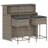 Set mobilier bar de gradina, cu perne, 3 piese, gri, poliratan