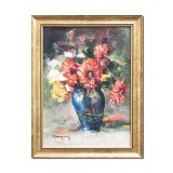Tablou pictat manual inramat, Vaza cu crizanteme, 45x35cm ulei pe panza in cutit efect 3D, Geo Ungureanu