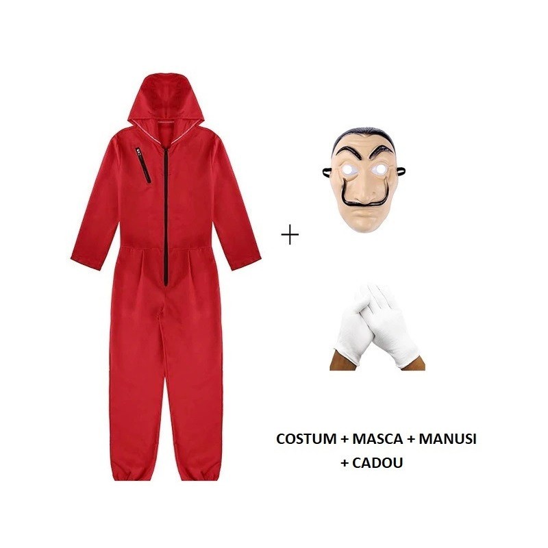 Costum 4in1 masca manusi Casa del Papel Money Heist Fabrica de bani  Halloween, L, M, XL, XXL, Rosu | Okazii.ro